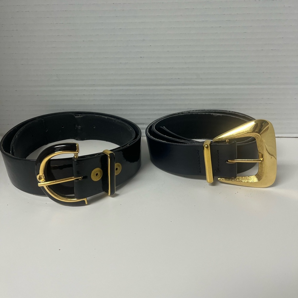 Lot of two St. John Black Leather Paten Leather Belts Gold Buckle Sz Sm 27-30”